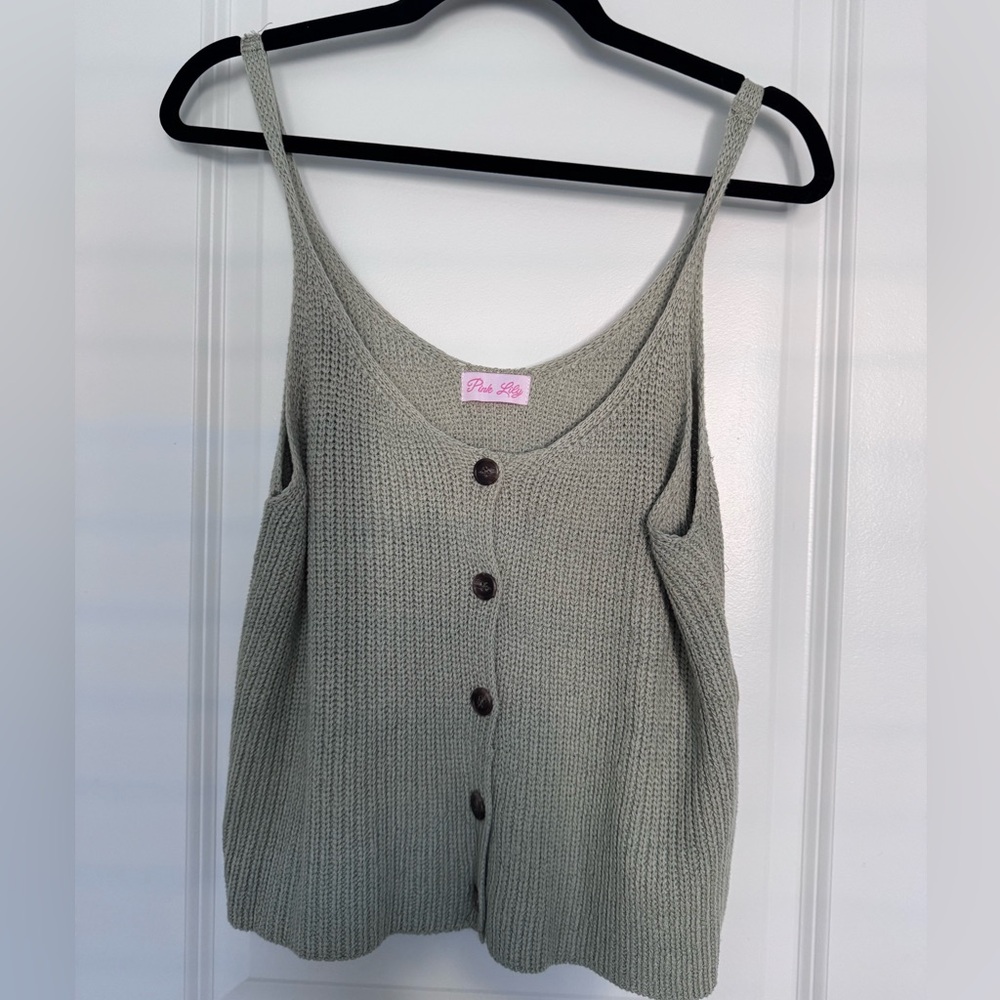 Pink lily sweater tank top in sage green.